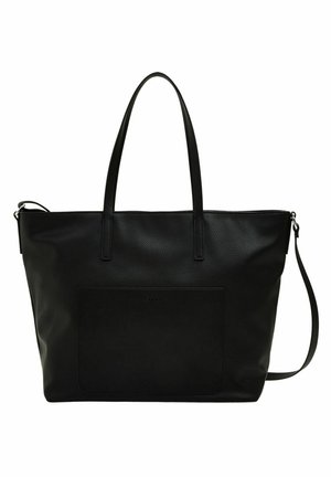 Bolso tote de cuero negro con dos asas, un bolsillo delantero y una correa de hombro ajustable sobre un fondo blanco.