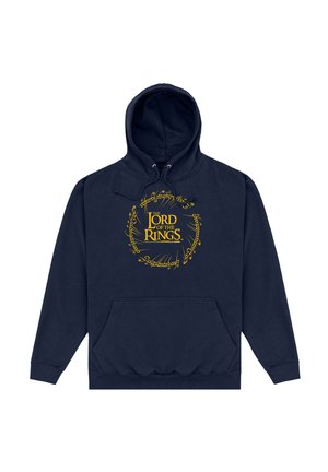 Marineblaue Kapuzenjacke mit Fronttasche, die ein gelbes "The Lord of the Rings"-Logo zeigt, umgeben von elbischer Schrift in einem kreisförmigen Design.