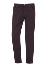Burgundy fitted pants made of cotton blend, featuring five pockets, contrasting white stitching, and a sturdy button closure.