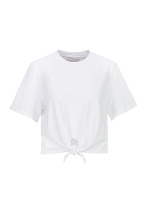 Witte cropped T-shirt met korte mouwen, ronde hals en knoopdetail aan de voorkant.