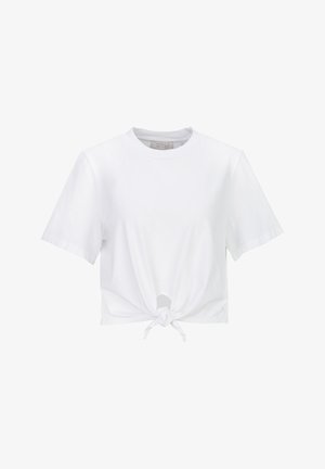 Witte cropped T-shirt met korte mouwen, ronde hals en knoopdetail aan de voorkant.