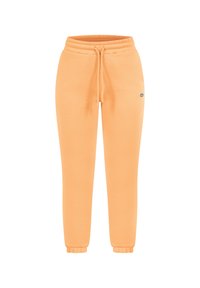 Orange sweatpants med elastisk talje og snor, tætsiddende manchetter, glat tekstur og lille logo-detail på siden.