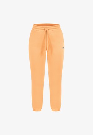 Pantaloni della tuta arancioni con vita elastica e cordoncino, polsini aderenti, texture liscia e piccolo dettaglio con logo sul lato.