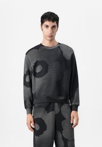 Sweatshirt in Dunkelgrau mit großen schwarzen Blumenmustern. Mischgewebe aus Baumwolle, Rundhalsausschnitt, gerippte Bündchen und Saum. Freizeitlicher Schnitt.