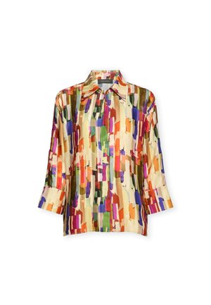 Camicia a maniche lunghe con bottoni e colletto ampio, caratterizzata da un motivo astratto multicolore in tonalità di verde, viola, arancione, rosso, beige e blu.