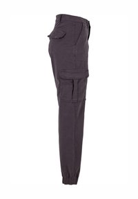 Pantalon cargo gris foncé avec plusieurs poches à rabat, poignets élastiques et taille haute, vu de côté droit.