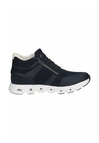 Zapatillas altas navy con materiales de malla y sintéticos, cuentan con un zipper lateral, suela blanca acolchada y cortes hexagonales para tracción.