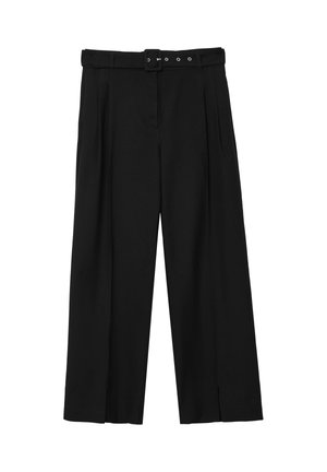 Schwarze weit geschnittene Hosen aus einem glatten Stoff, mit einem taillierten Bund und silbernem Zubehör sowie Frontfalten, die eine bequeme Passform bieten.