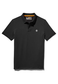 Black polo shirt made of smooth cotton fabric, featuring a classic collar, short sleeves, and a small embroidered logo on the left chest.