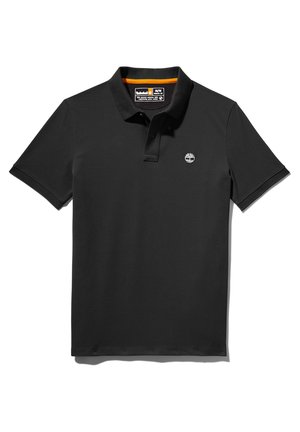 Polo nero realizzato in morbido cotone, con colletto classico, maniche corte e un piccolo logo ricamato sul lato sinistro del petto.