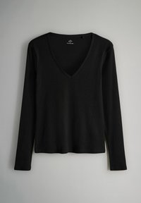 Schwarzes Langarmshirt mit Rippstruktur und tiefem V-Ausschnitt. Bietet eine taillierte Silhouette und einen geraden Saum.