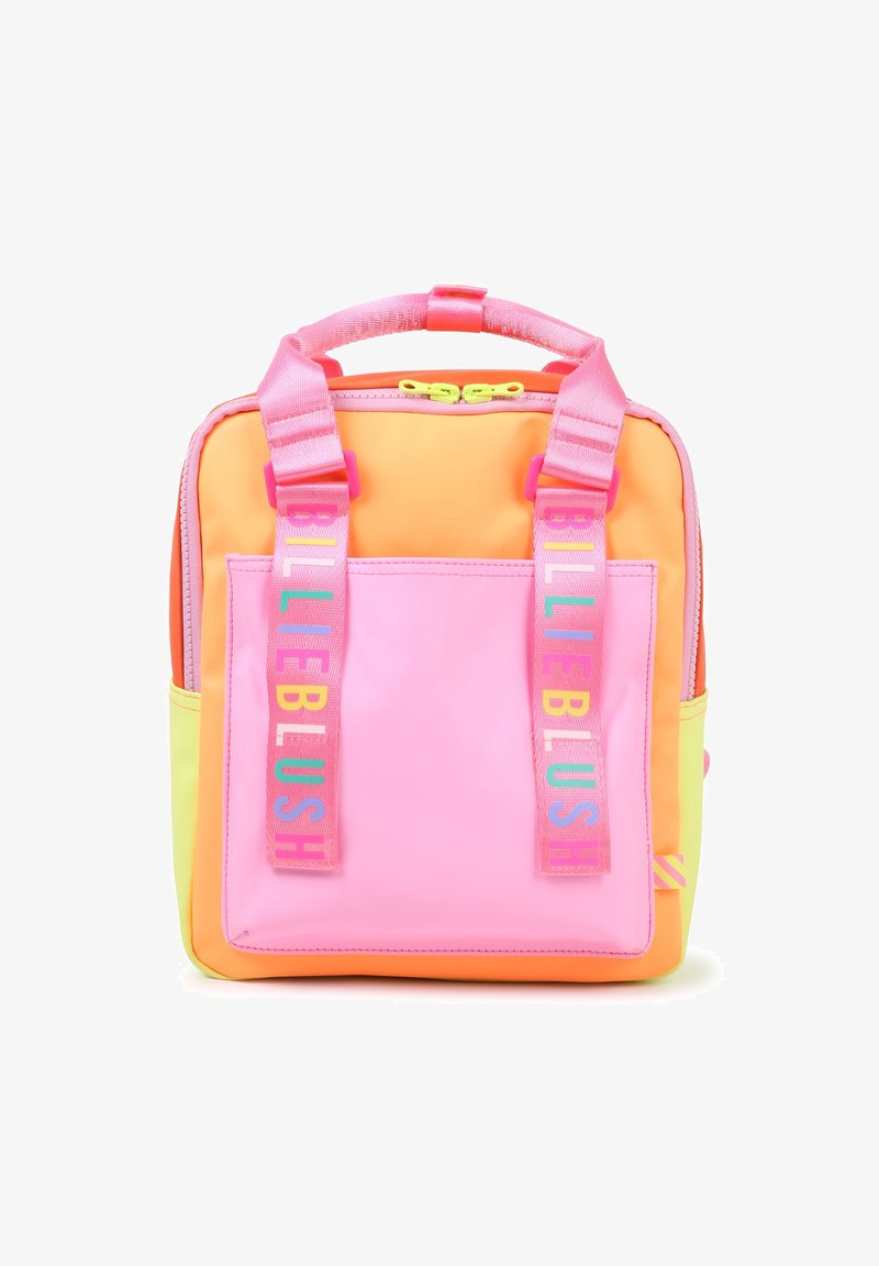 Neon roza in oranžna nahrbtnik z sijajno površino, dvema zgornjima ročajema in nastavljivimi naramnicami z barvnimi besednimi poudarki.