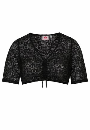Sort blonde crop top med korte ærmer, V-hals, snoretræk foran og indviklet blomstermønster over det hele.