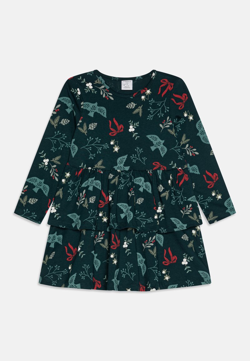 Φόρεμα με μακριά μανίκια από σκούρο πράσινο τζέρσεϊ, διακοσμημένο με λουλουδάτο μοτίβο και κόκκινες κορδέλες, στρωματοποιημένη φουστάνι με ρυτίδες και μαλακή υφή.