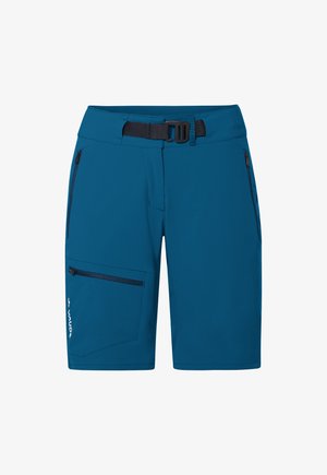Blaue Outdoor-Shorts mit schwarzem verstellbarem Schnallen-Gürtel, Reißverschlusstaschen auf beiden Seiten und einer Reißverschlusstasche am linken Oberschenkel.