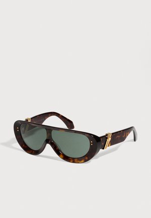 Lunettes de soleil en écaille de tortue, avec des verres vert foncé et des détails dorés, présentées sur un fond clair.