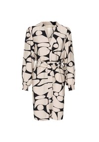 Robe beige à manches longues avec des formes abstraites noires, décolleté en V, poignets élastiques et ceinture assortie à la taille.