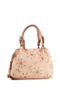 Helles rosa Lederhandtasche mit floralem Ausschneidemuster, doppelten Griffen und verstellbarem Schultergurt. Texturiert mit glatten und geprägten Details.