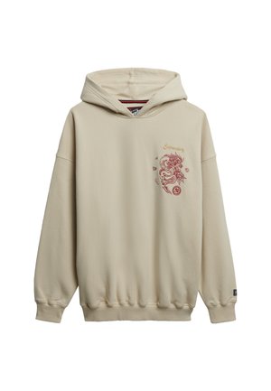 Beige Baumwoll-Hoodie mit Kordelzugkapuze, gerippten Bündchen und Saum, verziert mit einem roten und goldenen gestickten Drachendesign auf der linken Brust.