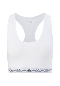 Witte katoenen sportbeha met een ronde hals, racerback-design en een contrasterende grijze elastische band met zwarte tekst aan de onderrand.