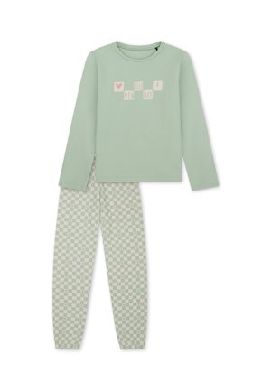 Top verde morbido a maniche lunghe con testo "Hello New Day!" e cuore, abbinato a pantaloni a quadri coordinati con piccoli dettagli a forma di cuore.