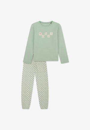 Top verde morbido a maniche lunghe con testo "Hello New Day!" e cuore, abbinato a pantaloni a quadri coordinati con piccoli dettagli a forma di cuore.
