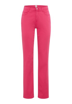 Helle pinke, gerade geschnittene Hose mit Gürtelschlaufen, Vorderentaschen, Reißverschluss und Knopfverschluss.