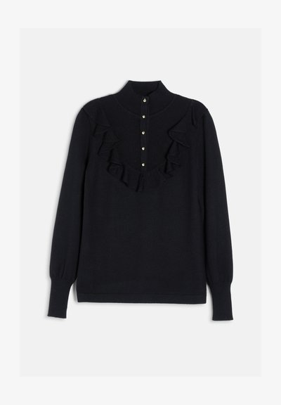 Pull noir à manches longues avec un détail froncé sur le devant, col montant et cinq boutons décoratifs en haut de la poitrine.