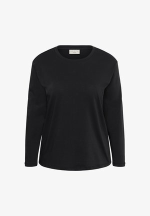 Juoda ilgomis rankovėmis medvilninė marškinėliai, pagaminti iš minkštos medvilnės, apvalios kaklo iškirptės, laisvo kirpimo, lygaus paviršiaus be matomų raštų ar detalių.