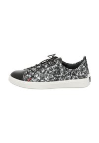 Sneakers with a black leather toe cap, grey and white speckled fabric upper, flat laces, and a white rubber sole. Features a red accent.