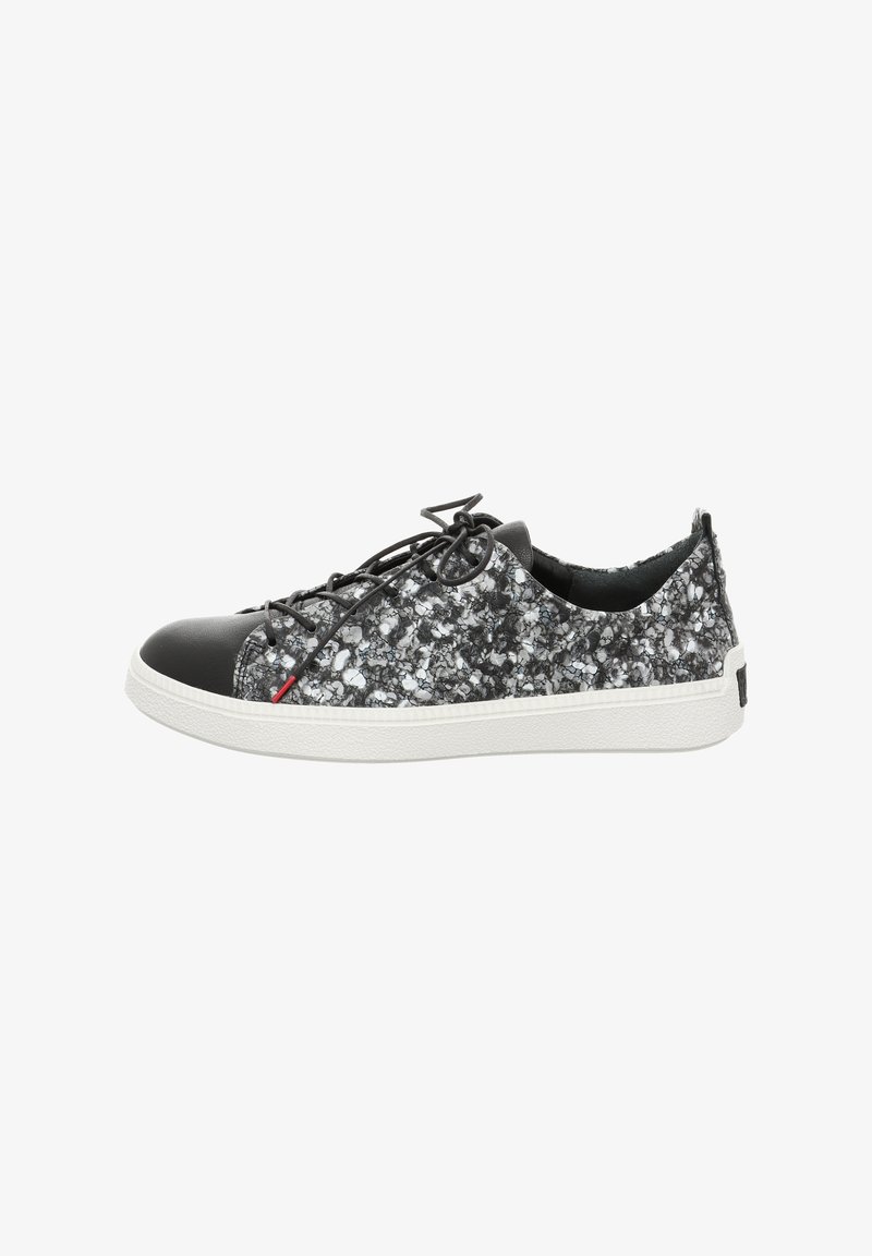 Sneakers with a black leather toe cap, grey and white speckled fabric upper, flat laces, and a white rubber sole. Features a red accent.