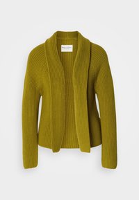Cardigan a maglia di colore verde oliva con apertura davanti, ampio colletto a scialle, maniche lunghe e lavorazione a coste su tutta la superficie.