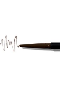 Crayon eyeliner marron avec une pointe conique élancée. La ligne épaisse sur fond blanc présente des traits ondulés, mettant en valeur l'application du produit.