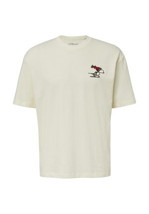 Cream-colored short-sleeve t-shirt featuring an embroidered graphic of a character in a red outfit. Soft cotton fabric, round neckline.
