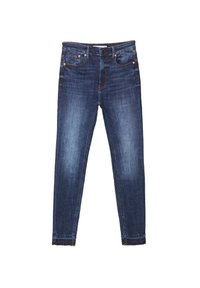 Jeans skinny de talle alto azul oscuro con bolsillos frontales, cierre de botón y leve desgaste en los muslos, exhibidos sobre un fondo blanco.