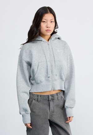 Gray cropped zip-up hoodie with a hood, front pockets, and light turquoise drawstrings, featuring a small white logo on the left chest.