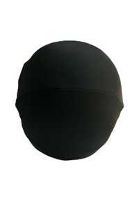 Balaclava negra sin costuras hecha de tela elástica. Forma redondeada que cubre completamente la cabeza sin aberturas ni adornos.
