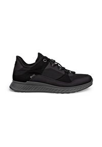 Sort lavtop sneaker med mesh- og ruskindspaneler, sorte elastiske snørebånd, polstret grå sål og Gore-Tex mærkat på siden.