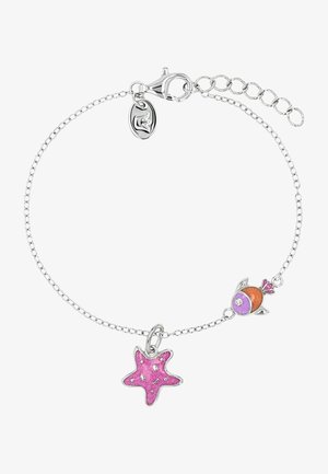 Bracciale a catena in argento con ciondoli smaltati a forma di stella marina rosa e pesci arancione-viola, con chiusura a moschettone e maglie regolabili.