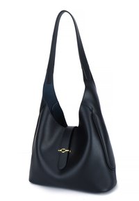 Black leather shoulder bag with a curved shape, wide strap, and a gold accent on the front flap. Smooth texture, minimalist design.