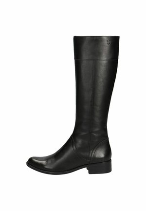 Bottes en cuir noir montant jusqu'au genou, avec un bout arrondi, une texture lisse et un talon bloc bas. Caractérisées par un logo discret en haut.
