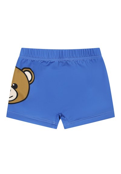 Costumi da bagno blu con una grande grafica di un volto di orso marrone sul lato sinistro. Vita elasticizzata e tessuto morbido e leggero.