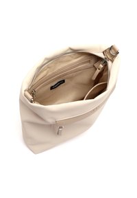 Borsa in pelle vegana beige con una texture morbida, chiusura con zip e tasche interne. Caratterizzata da una tracolla sottile e design minimalista.
