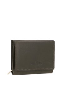 Dark green leather wallet folded closed with visible stitching and a small metal zipper pull on the side.