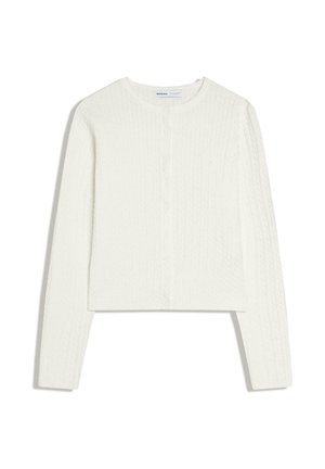 Witte kabelgebreide cropped cardigan met lange mouwen, ronde halslijn en voorzijde met knoopsluiting.