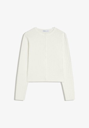 Witte kabelgebreide cropped cardigan met lange mouwen, ronde halslijn en voorzijde met knoopsluiting.