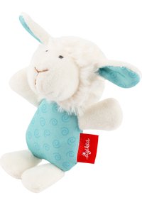 White plush sheep toy with a light blue patterned body and ears. Features a red tag, short limbs, and a fluffy wool-like head.