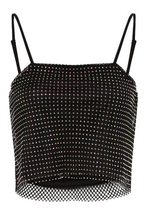 Czarny krótki top z siateczki z cienkimi ramiączkami, ozdobiony równomiernie rozmieszczonymi małymi, lśniącymi kryształkami na przodzie i dole.