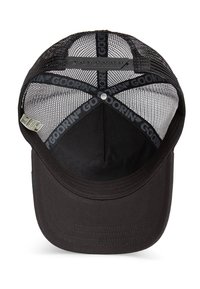 Black mesh trucker cap with adjustable snapback, branded interior band reading "Goorin," and structured front panel.
