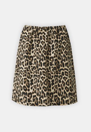 Leopardimustriga seelik elastse vöökohtaga, valmistatud kergest kangast, millel on mustad, pruunid ja beežid toonid dotimustris.